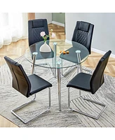 Simplie Fun Table and chair set. (1 table+4 black chairs) Round dining table with a 40 inch diameter glass tabletop and silver plated metal legs. 4 bl