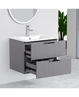 24 Inch Floating Bathroom Vanity with Ceramic Sink, Modern Bath Storage Cabinet Vanity with Drawers Wall Mounted Combo Set for Bathroom, Gray