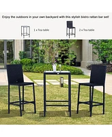 3pcs Rattan Bar Set with Glass Top Table, 2 Bar Stools for Outdoor, Patio, Garden, Poolside, Backyard