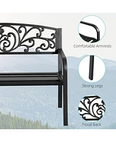 50" Outdoor Bench, Metal Garden Bench with Floral Pattern Backrest, Porch Bench with Slatted Seat for Park, Yard, Lawn, Black