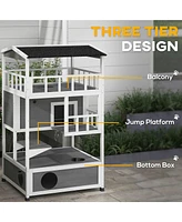 Simplie Fun Wooden Outdoor Cat House, Feral Cat Shelter Kitten Condo with Asphalt Roof, Escape Doors, Condo, Jumping Platform, Light Gray