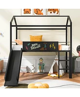 Slickblue Twin Size Metal House Bed with Slide & Two-Sided Writable Wooden Board for Fun Playrooms