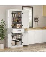 72" Tall Kitchen Pantry Storage Cabinet, Farmhouse Freestanding Kitchen Cabinet with 4 Barn Doors, Drawer, 5-Tier Shelf and Adjustable Shelves, W