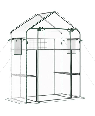 Streamdale Furniture Outdoor Walk-in Mini Greenhouse with Mesh Door & Windows, Small Portable Garden Green House with 3 Tiers 6 Shelves, Trellis, & Pl