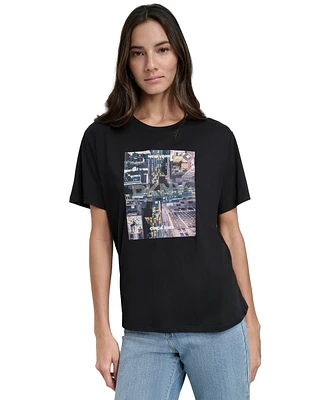 Dkny Jeans Women's Aerial Photo Print Rhinestone Logo T-Shirt