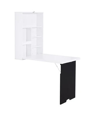 Simplie Fun Wall Mounted Foldable Desk with a Blackboard, Fold Out Convertible Floating Desk with Shelves, White