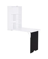 Simplie Fun Wall Mounted Foldable Desk with a Blackboard, Fold Out Convertible Floating Desk with Shelves, White