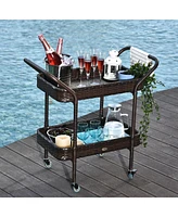 Rattan Wicker Serving Cart: 2-Tier Outdoor Bar Cart with Brakes