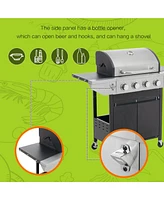 Propane Grill 4 Burner Barbecue Grill Stainless Steel Gas Grill with Side Burner, 46,500 Btu Outdoor Cooking, Patio, Garden Barbecue Grill, Black and