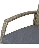 3 Pcs Rattan Wicker Bar Set with Wood Grain Top Table and 2 Bar Stools for Outdoor, Patio, Poolside, Garden, Grey