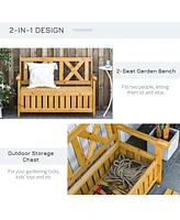 Patio Wooden Bench with Storage Box, 29 Gallon Outdoor Storage Bench, Large Entryway Deck Box w/ Unique X-Shape Back, for Deck, Porch & Balcony, Yello