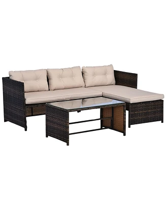 Streamdale Furniture 3 Piece Patio Furniture Set, Rattan Outdoor Sofa Set with Chaise Lounge & Loveseat, Soft Cushions, Tempered Glass Table, L-Shaped