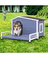 Simplie Fun Large Wooden Dog House Indoor Outdoor with Terrace and Open Waterproof Asphalt Roof, Outdoor Dog House with Raised Floor, Windows and Door