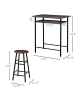 Simplie Fun 3 Piece Counter Height Bar Table and Chairs Set, Space Saving Dining Table with 2 Matching Stools, Storage Shelf Metal Frame Footrest, Bla