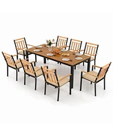 Costway 9 Pcs Outdoor Dining Table & Chairs Set Table with Acacia Wood Top Umbrella Hole