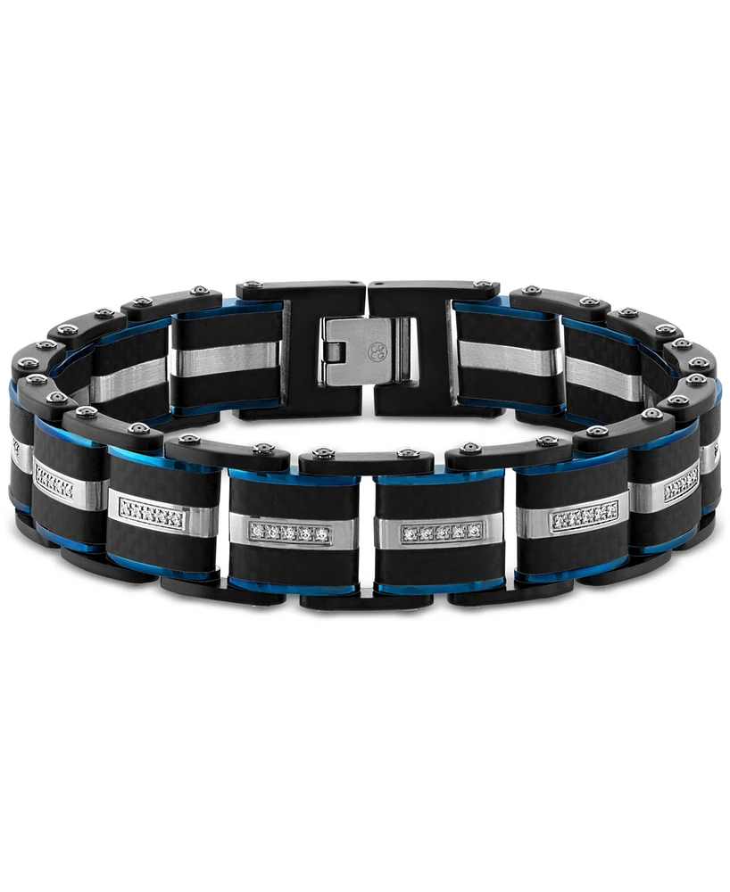 Esquire Men's Jewelry Diamond & Carbon Fiber Link Bracelet (1/3 ct. t.w.) in Blue & Black Ion-Plated Stainless Steel, Created for Macy's