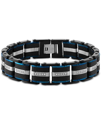 Esquire Men's Jewelry Diamond & Carbon Fiber Link Bracelet (1/3 ct. t.w.) in Blue & Black Ion-Plated Stainless Steel, Created for Macy's