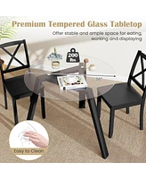 Costway 36" Round Glass Dining Table for 4 with Tempered Tabletop Rubber Wood Frame