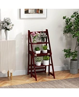 Costway Toddler 3-Step Folding Step Ladder Chair with Bamboo Frame Convertible Stool Reddish