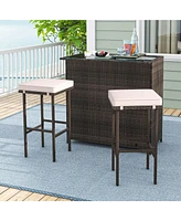 3 Pcs Patio Bar Set with Tempered Glass Tabletop 2-Tier Storage Removable Cushions