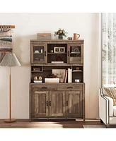 Costway Kitchen Pantry Cabinet with Microwave Countertop Double Glass Doors 2 Drawers