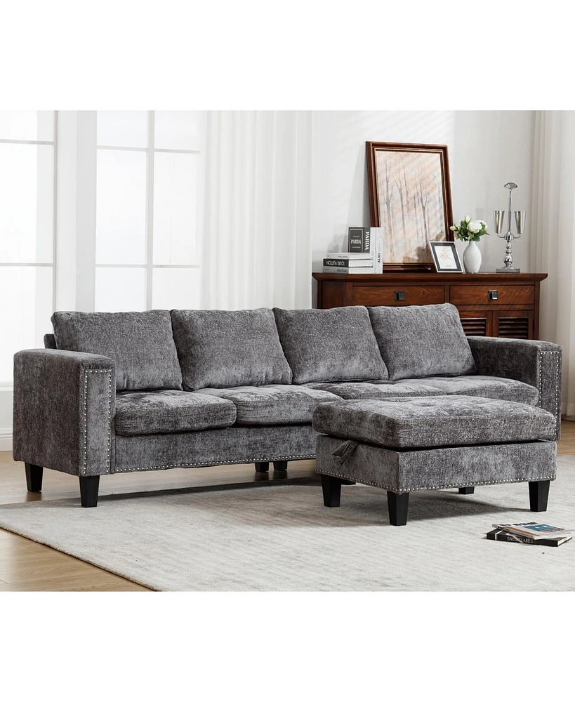 Simplie Fun 5 Seat Modular Sofa, with Storage Ottoman, Convertible Sectional Sofa, L Shaped Couch, Reversible Chaise, Riveted sofa, Chenille, Gray