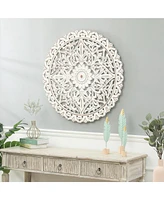 LuxenHome Distressed White Wood Flower 31.5" Round Wall Decor