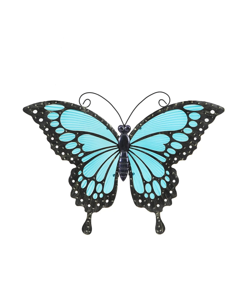 LuxenHome Blue Butterfly Glass and Metal Outdoor Wall Decor