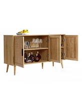 LuxenHome 47.2" Wide 3-Door Rattan Light Oak Finish Wood Sideboard Cabinet