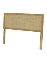 LuxenHome Oak Finish Manufactured Wood with Natural Rattan Panel Headboard, Queen