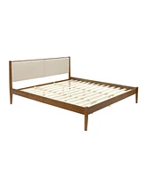 LuxenHome Modern Beige Upholstered Headboard and Wood Frame Platform Bed Set, King