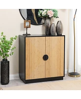 LuxenHome Mid Century Modern Boho 2-Door Black Bamboo Strips Accent Buffet Cabinet with Storage
