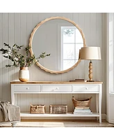 LuxenHome 31.5-Inch Round Natural Rubberwood Scalloped Frame Wall Mirror