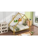 Slickblue Twin Size Metal House Platform Bed with Roof and Chimney for Unique Kids' Bedroom Design