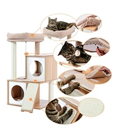 Slickblue Wood Cat Tree Tower With Double Condos Spacious Perch Sisal Scratching Post And Replaceable Dangling Balls