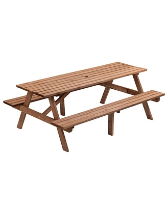 8 Person Brown Wooden Picnic Table, Outdoor Camping Dining Table with 2 Seats, Garden, Diy with 2 Built-in Benches, 2220lb Capacity