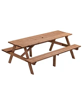 8 Person Brown Wooden Picnic Table, Outdoor Camping Dining Table with 2 Seats, Garden, Diy with 2 Built-in Benches, 2220lb Capacity