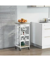 Mobile Kitchen Cart, Rolling Kitchen Island with Storage, Solid Wood Frame Utility Cart with Wire Fruit Baskets, Trays and Drawer, White