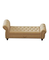 64.5" Bed Bench for Bed Room Nails Tufted Chaise of Lounge with Storage Velvet Upholstery Khaki