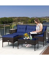 Costway 3PCS Patio Rattan Furniture Set 3-Seat Sofa Cushioned Table Garden