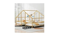 Slickblue Metal Double Twin Triangular House Beds with Built-In Table for Fun & Functional Bedrooms