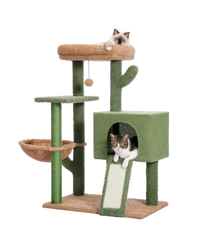 Slickblue Cactus Cat Tree Tower for Indoor Cats – Features Sisal-Covered Scratching Post, Cozy Condo, Plush Perch, and Soft Hammock