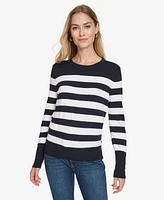 Nautica Jeans Women's Crewneck Stripe Sweater with Button Sleeve