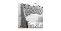 gaomon King Size Bed Frame with Upholstered Wingback Headboard, Luxurious Linen Upholstery Platform Bed with Charging Station, Button Tufted Design, N