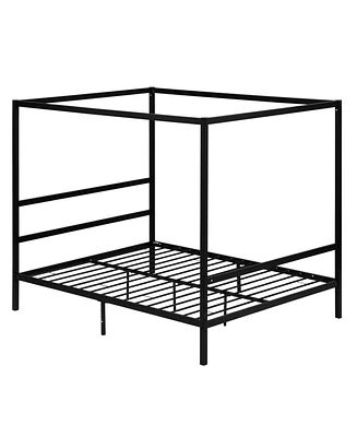 Slickblue King Size Black Iron Bed with Square Tube Frame and Mosquito Net - Elegant Design with Horizontal Headboard