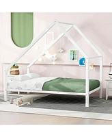 Slickblue Twin Size Metal House Platform Bed with Roof and Chimney for a Charming Children's Bedroom Design