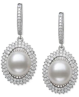 Belle de Mer Peacock Black Cultured Freshwater Pearl (10mm) & Cubic Zirconia Halo Drop Earrings in Sterling Silver (Also in White Cultured Freshwater
