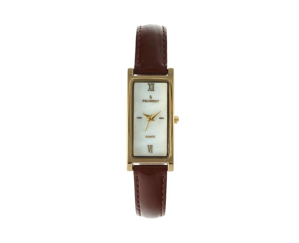 Peugeot Women's Rectangular Gold-Tone Case Watch Glossy Leather Strap