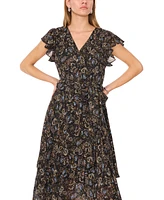 Vince Camuto Women's V-Neck Button-Down Belted Flutter Midi Dress