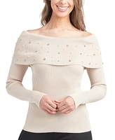 Bcx Juniors' Off-The-Shoulder Embellished Long-Sleeve Sweater